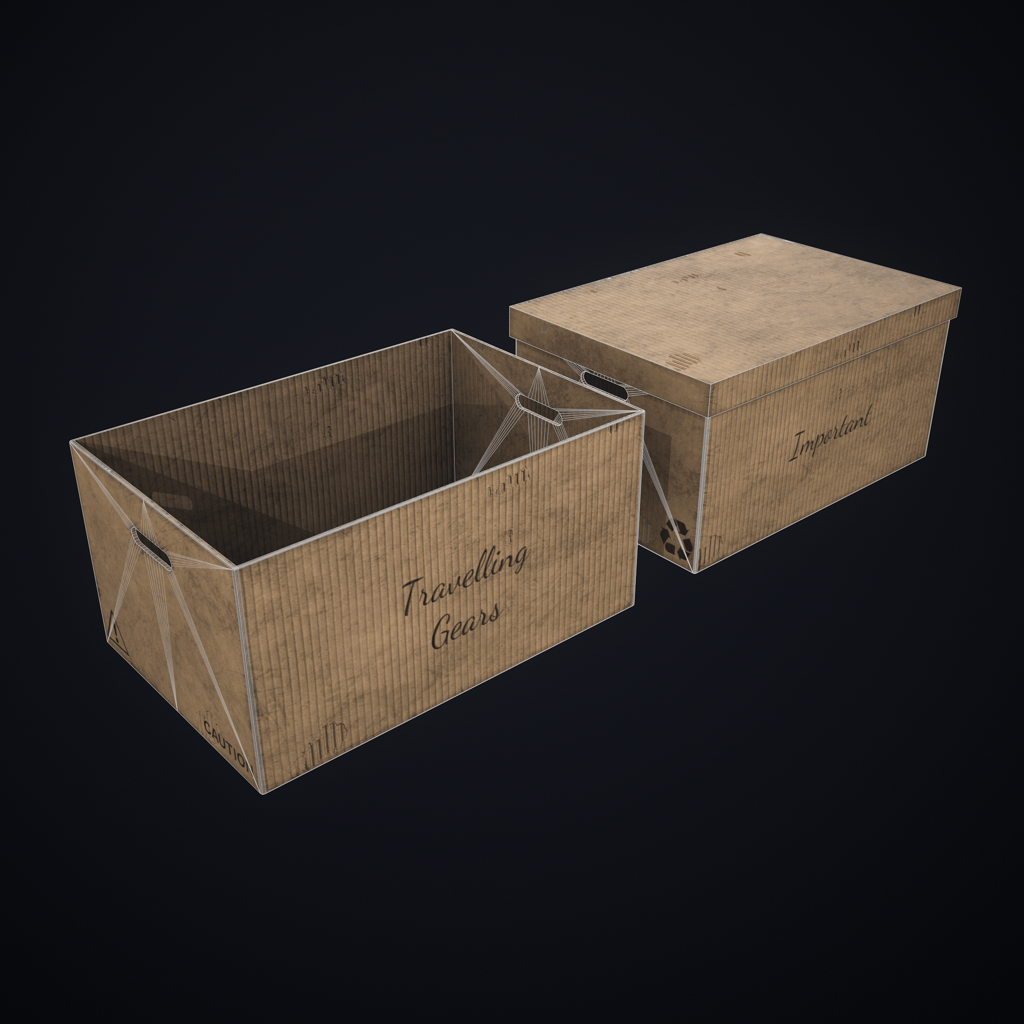 Wireframe render of a cardboard box prop.