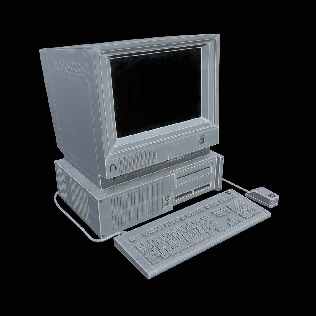 Wireframe render of a desktop computer prop.