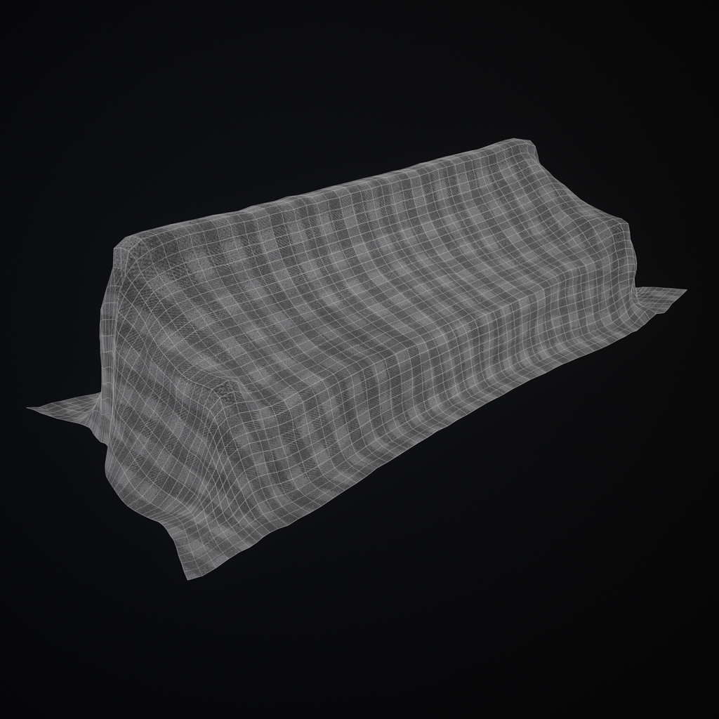 Wireframe render of a sofa prop.