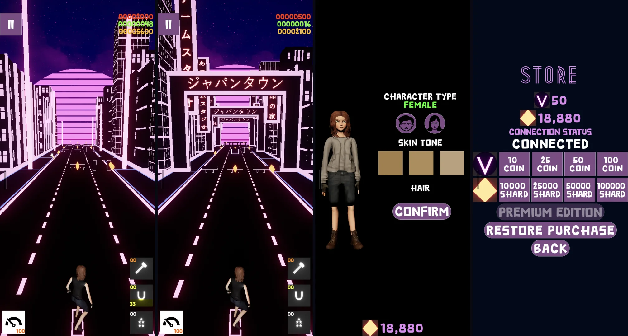 Four screens from the game: a run through the city, a run under the Japan Town gate, character customization, and the store